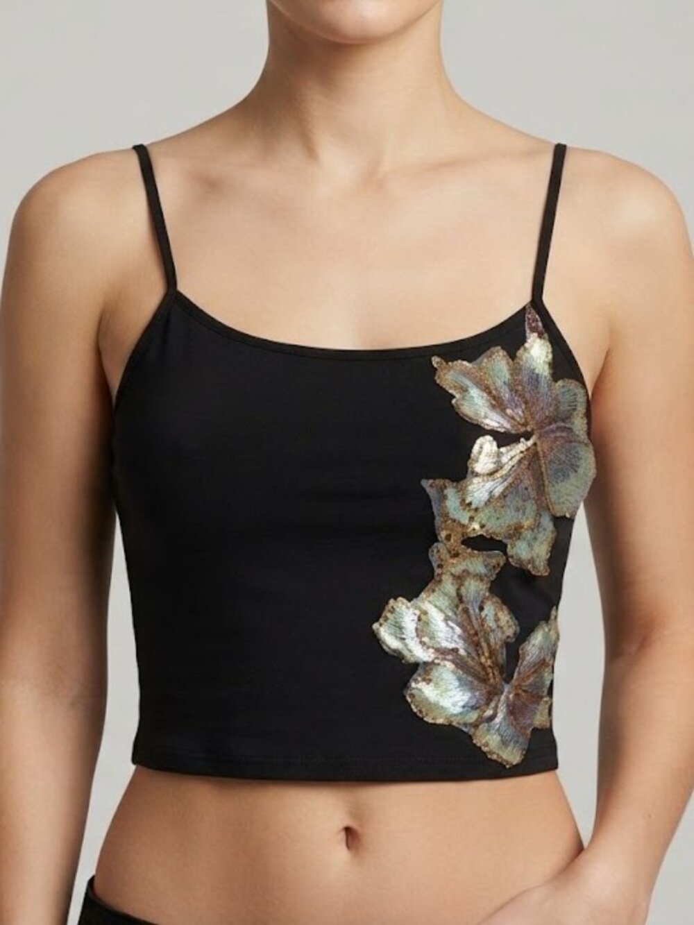 Black Floral Sequin Crop Top